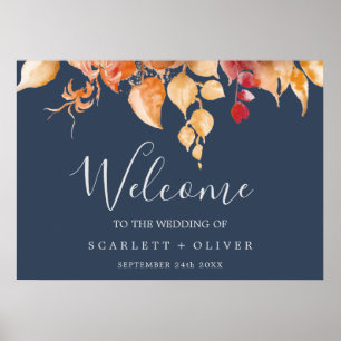 Poster Feuilles automnales   Marine Blue & Burgundy Bienv
