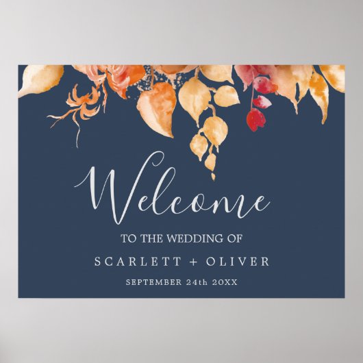 Poster Feuilles automnales | Marine Blue & Burgundy Bienv (Devant)