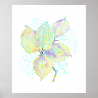 Poster Feuilles botaniques aquarelles jaune vert pastel