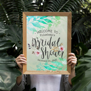 Poster Feuilles d'aquarelle verte Chic Bienvenue à la dou