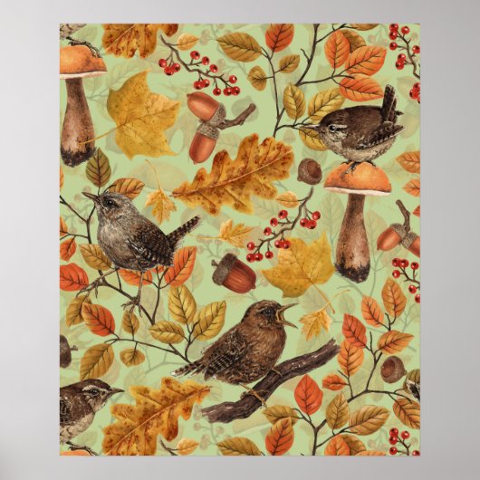 Poster Feuilles d'automne, baies, champignons et roitelet (Devant)