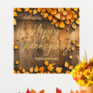 Poster Feuilles d'automne en bois rustique Bienvenue à Th