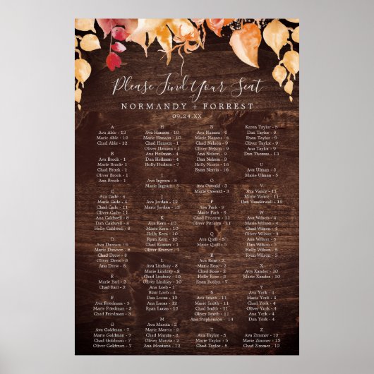 Poster Feuilles d'automne Rustique Bois Alphabétique Tabl (Devant)
