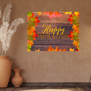 Poster Feuilles d'automne sur du bois de grange Joyeux Th