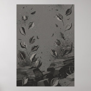 Poster Feuilles de charbon sur ruines de béton - Art abst