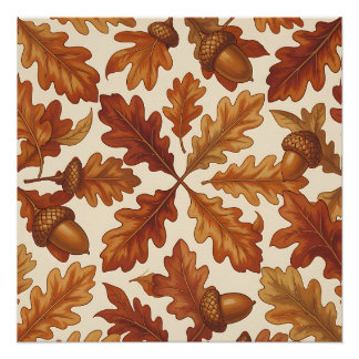 Poster Feuilles de chêne d'automne glands brun sans coutu