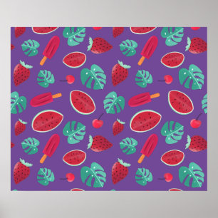 Poster Feuilles de poissonnerie, cerise, fraise et pastèq