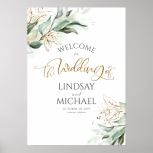 Poster Feuilles de verdure et d'or Dreamy Mariage Bienven