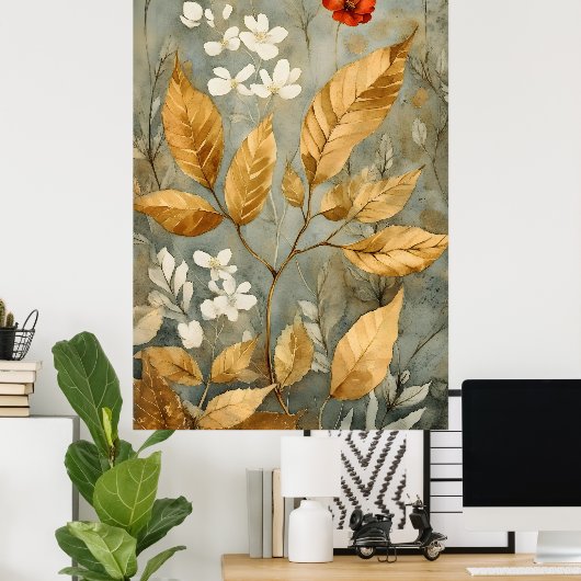 Poster feuilles dorées mélangées à des tons plus chauds (Bureau à domicile)