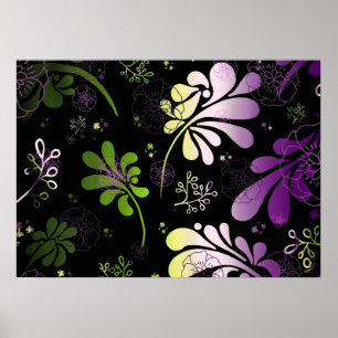 Poster Feuilles et fleurs colorés stylisés sur noir