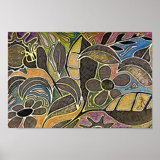 Poster Feuilles et fleurs sculptés à la main - en bleu or (Devant)