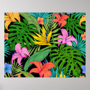 Poster Feuilles Florales Tropicales d'Été Colorées Élégan