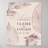 Poster Feuilles rose or rose beige Mariage bienvenue (Devant)