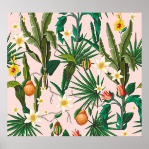 Poster Feuilles tropicales, fleur, motif de fruits.
