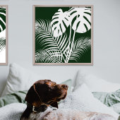 Poster Feuilles tropicaux 1 Blanc sur Vert foncé Imprimer