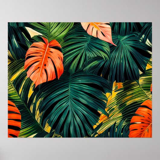 Poster Feuilles tropicaux colorés et fleurs d'Hibiscus | (Devant)