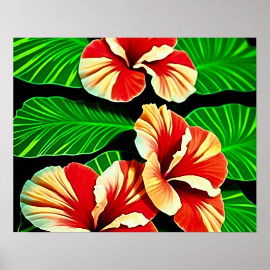 Poster Feuilles tropicaux colorés et fleurs d'Hibiscus | (Devant)