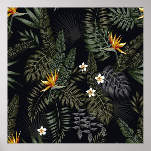 Poster Feuilles tropicaux et fleurs dans le style de la n (Devant)