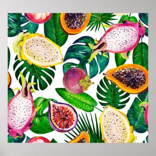 Poster Feuilles tropicaux, fruits, gouache sans couture m (Devant)