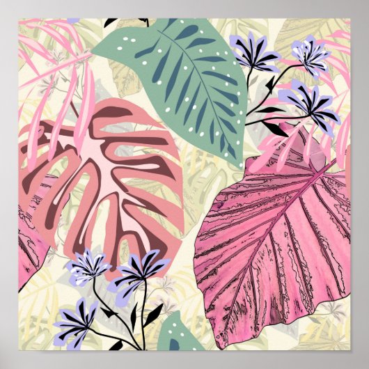 Poster Feuilles tropicaux roses et verts, fleurs bleues. (Devant)