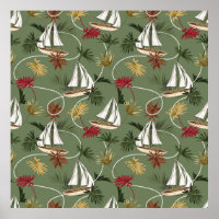 feuilles tropicaux vintages, bateau et corde à voi