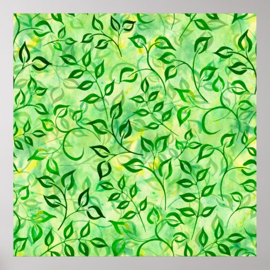 Poster Feuilles vert aquarelle sur un fond jaune-vert (Devant)