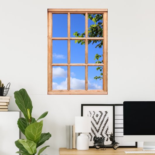 Poster Feuilles verts et ciel d'été vue depuis une fenêtr (Bureau à domicile)