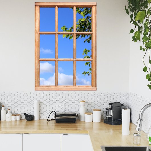 Poster Feuilles verts et ciel d'été vue depuis une fenêtr