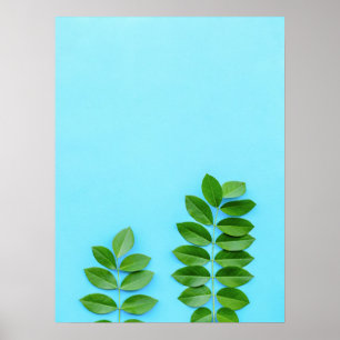 Poster Feuilles verts minimalistes sur Bleu Arrière - pla