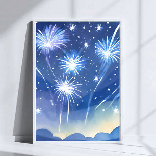 Poster Feux d'artifice bleus   Aquarelle de célébration d