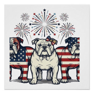 Poster Feux d'artifice de Bouledogue patriotique Gravure 