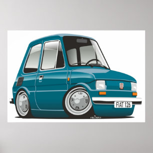 Poster Fiat 126 caricature turquoise