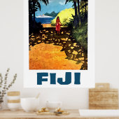 Poster Fidji, femme sur la côte tropicale et bateau touri (Cuisine)
