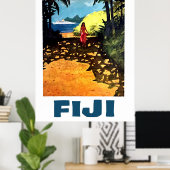 Poster Fidji, femme sur la côte tropicale et bateau touri (Bureau à domicile)