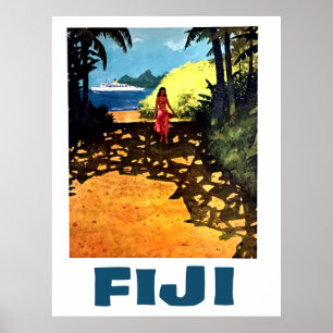 Poster Fidji, femme sur la côte tropicale et bateau touri