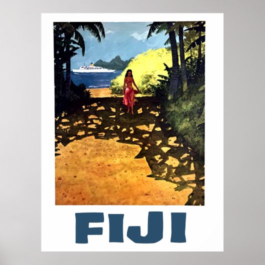 Poster Fidji, femme sur la côte tropicale et bateau touri (Devant)