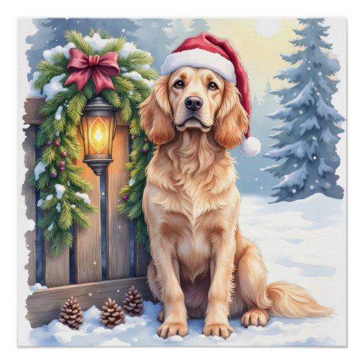 Poster Field Spaniel Snowy Fence Santa Hat Christmas Art (Devant)