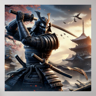 Poster Fierce Black Samurai Guerrier en armure traditionn