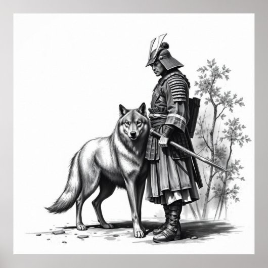 Poster Fierce Bond : Samurai et Wolf Charcoal Art (Devant)