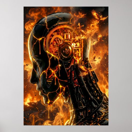 Poster Fiery Cybernetic Phoenix Cracked Robot Head (Devant)