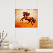 Poster Fiery Horse Leaps, Orange Gold, Artistic Grunge  (Cuisine)