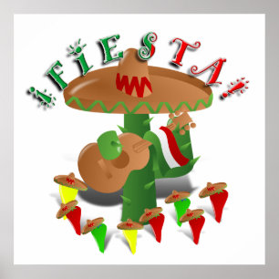 Poster Fiesta Cactus avec guitare et poivrons dansants