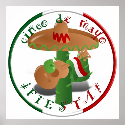 Poster Fiesta Cactus avec guitare et poivrons dansants (Devant)