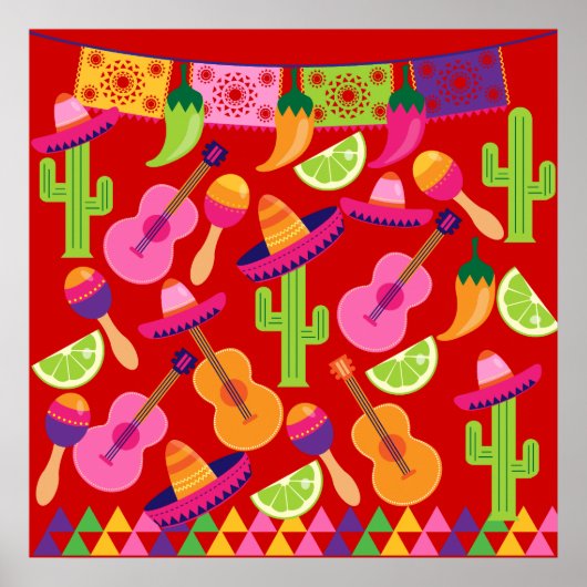 Poster Fiesta Party Sombrero Limes Guitare Maraca Saguaro (Devant)