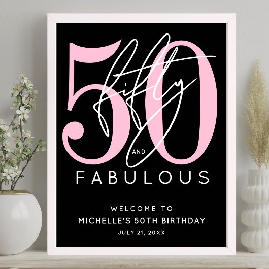 Poster Fifty Fabulous Black Pink 50th Birthday Welcome