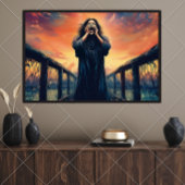 Poster Figure émotive criant sur un pont de coucher de so