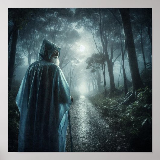 Poster Figure mystique dans une forêt brumeuse (Devant)