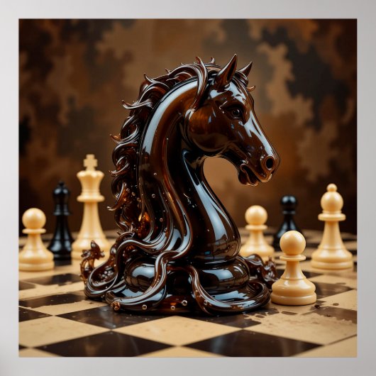 Poster Figurine de cheval d'échecs complexe entourée d'éc (Devant)