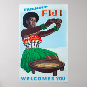 Poster Fiji island, native woman with traditional welcome