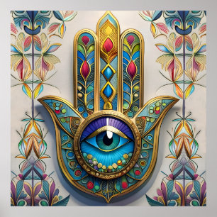 Poster Filigree couleur or bleu-vert troisième oeil Hamsa